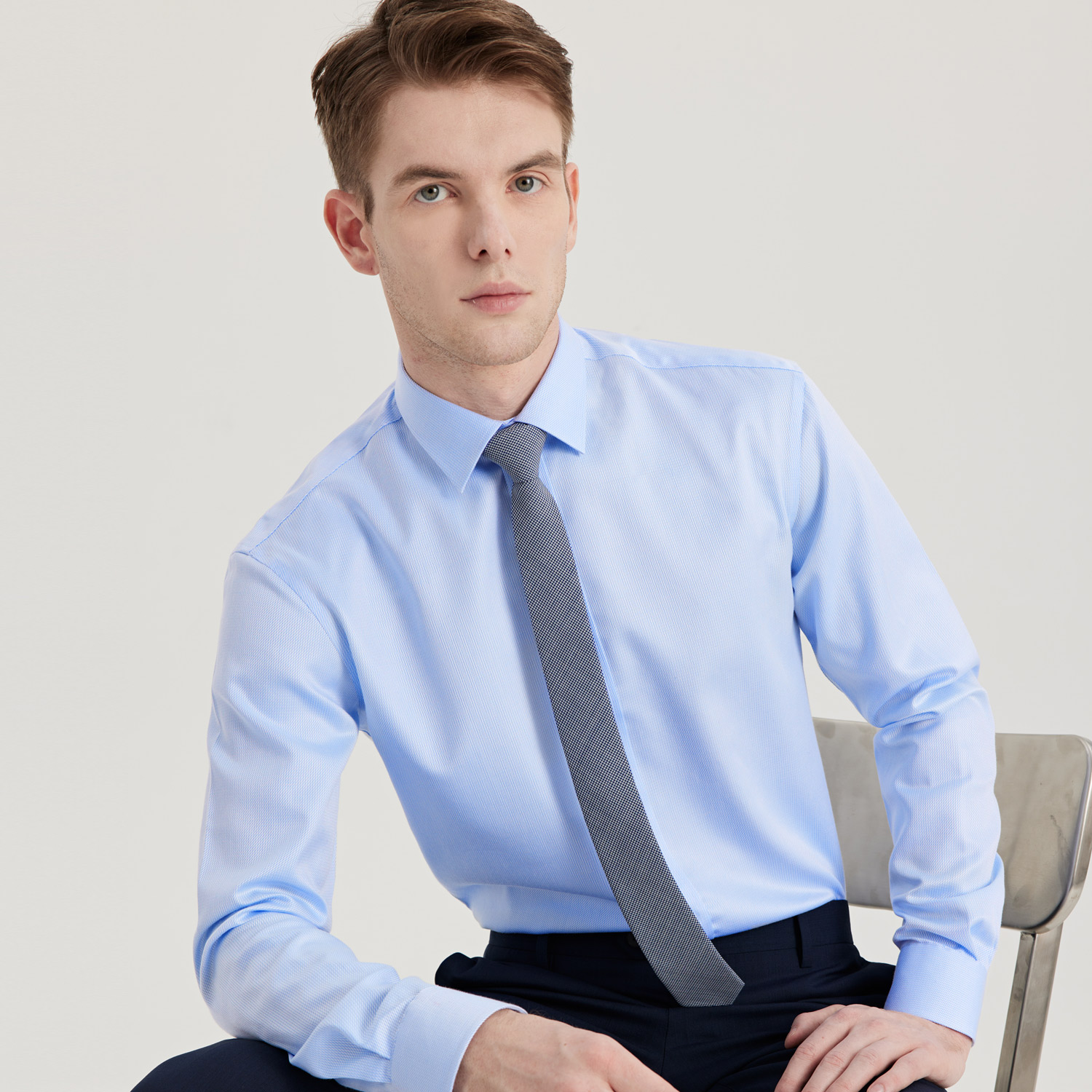 SmartFive 商务正装衬衫男蓝色纯棉dp免烫衬衫柔软成衣免烫衬衣秋 - 图0