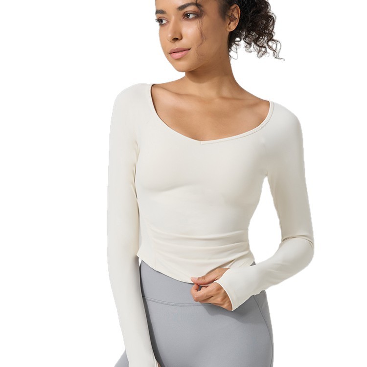 亲肤裸感松紧褶皱运动长袖T恤弹力修身瑜伽健身服1398 - 图2