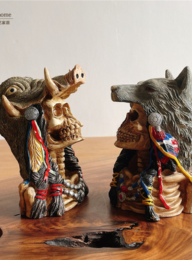 外贸手绘万圣节摆件印第安风格骷髅摆设个性动物狼老鹰野猪猫头鹰