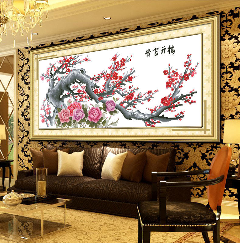 梅开五福十字绣2021新款绣梅花剪图沙发背景墙装饰画花图案客厅画