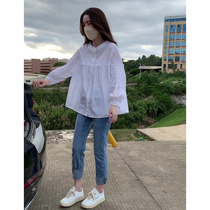 Pregnant woman suit 2023 new spring and autumn Korean version white shirt woman doll with long sleeve blouse and jeans two sets