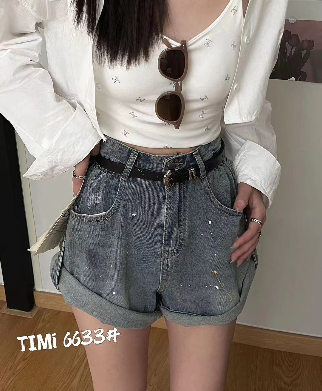 Timi6633夏季新款甜酷印花高腰宽松A字版显瘦牛仔短裤女 - 图1