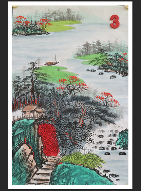 便宜手绘仿古山水春景图国画