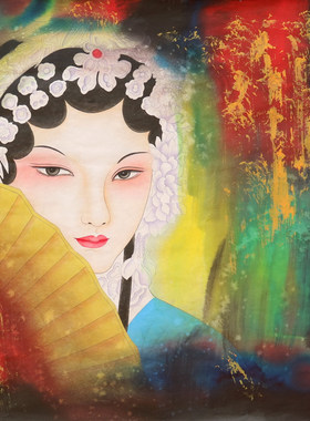 四尺斗方重彩人物京剧花旦脸谱画国画客厅装饰挂画特价HB572404