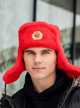 苏联徽章雷锋帽户外防寒东北加厚男女士保暖护耳冬帽加绒皮草帽子