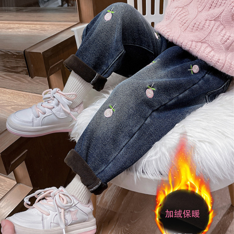 女童加绒牛仔裤秋冬新款儿童卡通刺绣哈伦裤女孩加厚一体绒老爹裤,淘宝优惠券,粉丝福利购,淘宝优惠卷