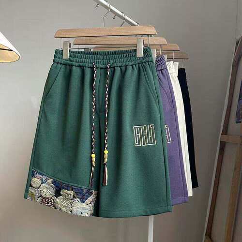 小熊拼接华夫格四分短裤男士夏季设计感跑步运动休闲宽松五分中裤 - 图3