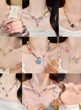 品配春夏新款锁骨多巴胺项链网红度假风女甜酷彩色海边辣妹链拍照