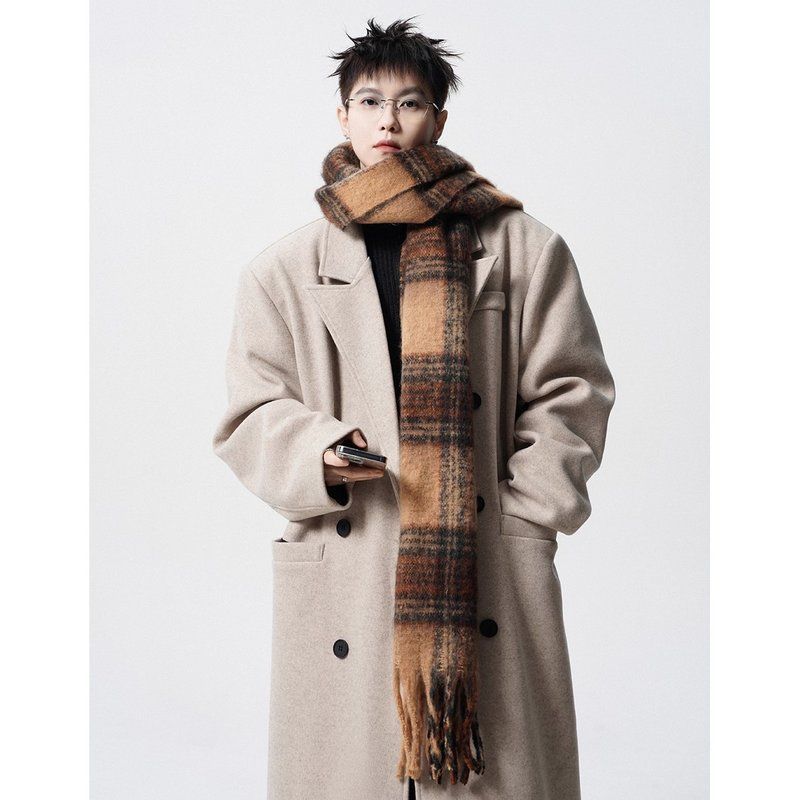 风衣vibe潮重磅外套垫肩毛呢大衣中长款春秋冬季男百搭韩版学院风 - 图1