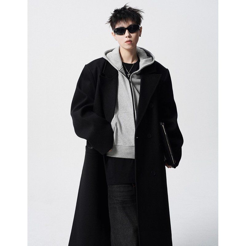 风衣vibe潮重磅外套垫肩毛呢大衣中长款春秋冬季男百搭韩版学院风 - 图0