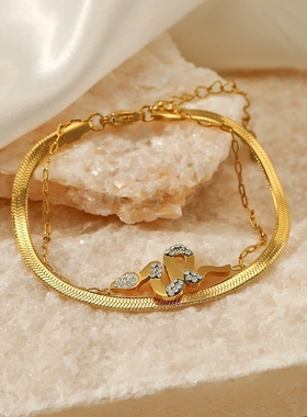 欧美摩登蛇形双层不锈钢手链 复古民族镶钻18K镀金钛钢蛇骨链女士