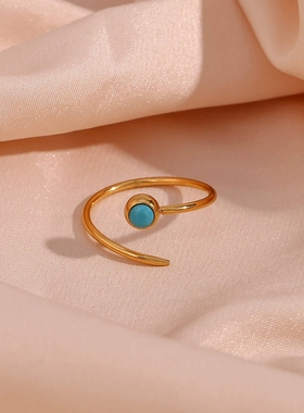 欧美ins摩登简约潮流指环饰品 不锈钢镀18K蓝色石头钉子开口戒指