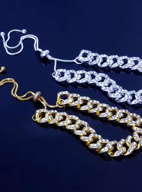 欧美潮流12mm宽男女古巴链手链单排嘻哈可调节迈阿密链条Bracelet