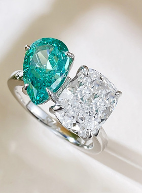 欧美高级珠宝款S925银镶嵌7*11水滴形高碳钻仿真帕拉伊巴双拼戒指