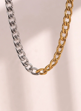 欧美ins摩登简约8mm拼接金色银色磨链项链 嘻哈复古不锈钢粗链条