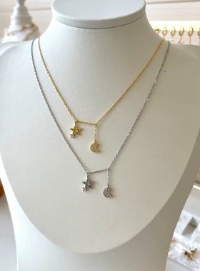 欧美流行星月S925纯银项链女简约镂空短款韩版百搭气质项链送礼