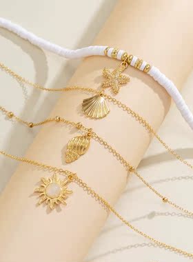 欧美跨境饰品 海洋风贝壳海螺流苏多层项链 叠戴软陶片海星项饰女