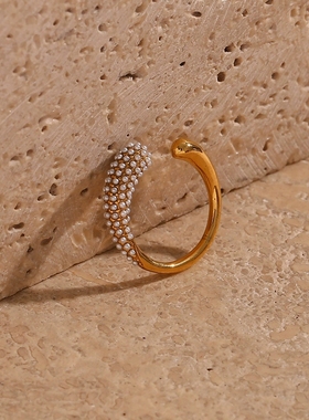 欧美ins摩登简约潮流指环饰品女 不锈钢开口两头水滴造型微镶戒指