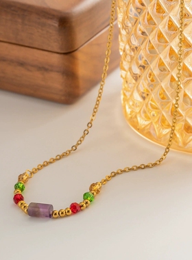 欧美INS风时尚个性彩虹清新项链  不锈钢镀18K金天然石头首饰