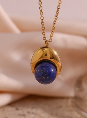 欧美时尚个性小众轻奢吊坠饰品 不锈钢镀18K金天然石圆球项链女