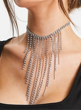 速卖通新款水钻长流苏项链个性潮流百搭水晶金属爪链珠宝Necklace