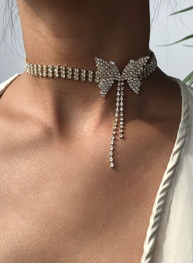 欧美跨境热销蝴蝶结项链小众设计双层水钻满钻锁骨颈链礼服配饰女