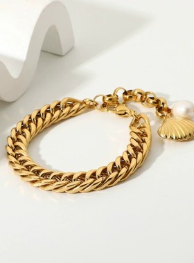 不锈钢淡水珍珠手链 18K金镀金10毫米宽双古巴链矮矮胖胖的手链女