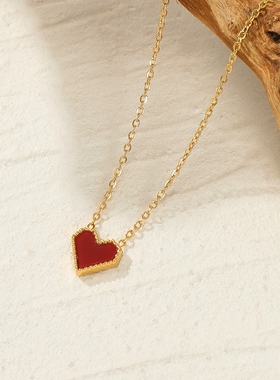 法式摩登风爱心锁骨链复古红色桃心百搭项链女真金电镀不锈钢首饰