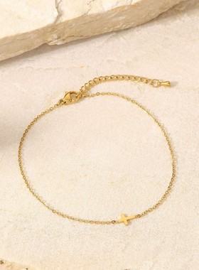 INS风复古钛钢手链18K金十字形精细款手链女式摩登不锈钢手链饰品