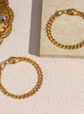 嘻哈欧美风个性情侣镶锆手链饰品 不锈钢镀18K金色古巴链蛇头手链