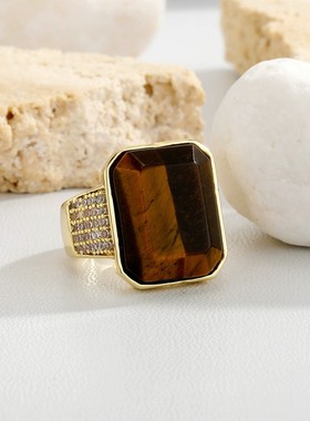 国潮嘻哈大颗天然虎石戒指低调奢华男士实心复古开口指环直播爆款