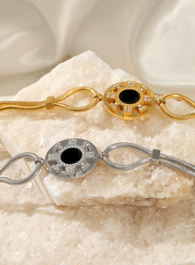 欧美摩登船舵镶钻不锈钢手链女个性流行百搭黑色滴油钛钢手链