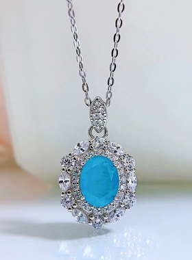 欧美跨境2024新款S925纯银仿真帕拉伊巴祖母绿7*9项链气质女款