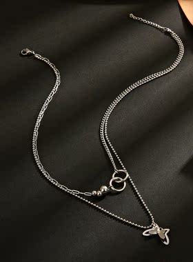 不锈钢！欧美街头休闲感双层立体蝴蝶光面金属圆珠环扣钛钢项链女