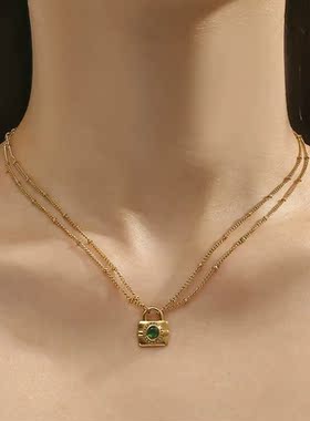 不锈钢！欧美跨境双层锁骨链清新甜美绿钻锁头项链甜酷精致颈链女