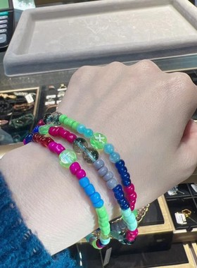 原创设计欧美跳色蓝绿玫粉水晶陶瓷米珠字母弹力珠项链锁骨链手链