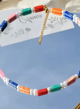 夏季时尚彩色半宝石串珠珍珠项链女不掉色锁骨链百搭欧美饰品