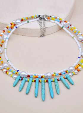 欧美南法风情狂野彩色米珠人造珍珠松石项链手工串珠珠颈链锁骨链