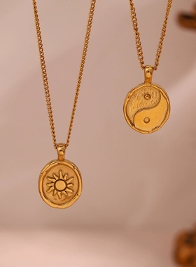 欧美ins摩登简约复古百搭毛衣链饰品 双面太阳月亮复古纹吊坠项链