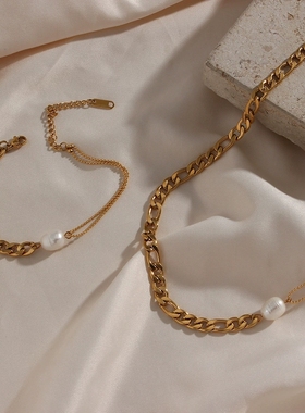 2024跨境欧美饰品 链条拼接不对称费加罗淡水珠链珍珠项链