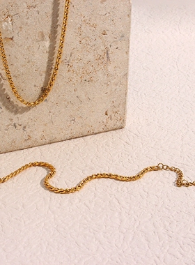 欧美饰品INS风不锈钢锁骨链 电镀18K金简约编织麻绳链条手链项链