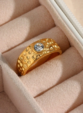 欧美跨境ins摩登气质指环饰品 不锈钢镀18K开口锆石月球表面戒指