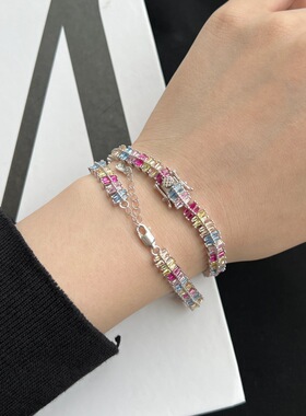 欧美跨境直播S925纯银手链女小众设计高级多巴胺彩虹长条锆石手饰