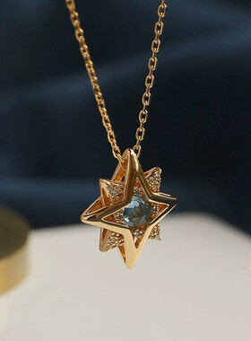 精致轻奢芒星吊坠项链镂空设计感嵌锆石天然石北极星项链铜镀真金