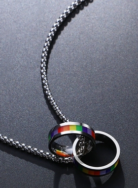 欧美ins双环彩虹戒指吊坠项链简约冷淡风钛钢潮牌项链男饰品