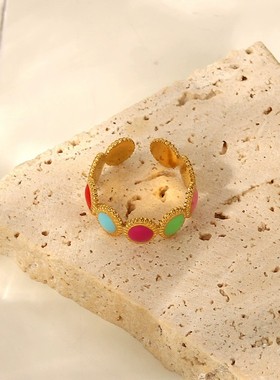 INS彩色不锈钢18k镀金滴油珐琅首饰防水椭圆豆开口戒指指环饰品女