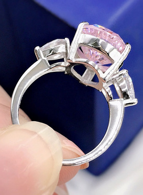 欧美奢华粉红色公主风清透高碳仿真钻戒指10*14水滴梨形925银指环