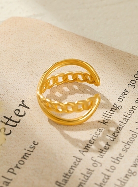 欧美ins几何链条交叉开口戒指女式网红摩登18K镀金不锈钢指环戒指