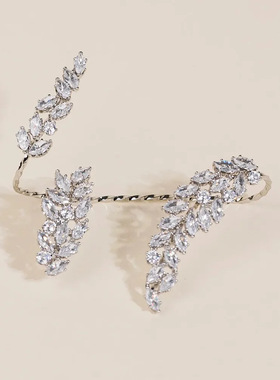 交错开口锆石戒指简约名媛风叶子指环高级感可调节女手掌戒Rings