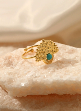 欧美摩登扇形不锈钢戒指个性百搭网红可调节天然松石指环女士